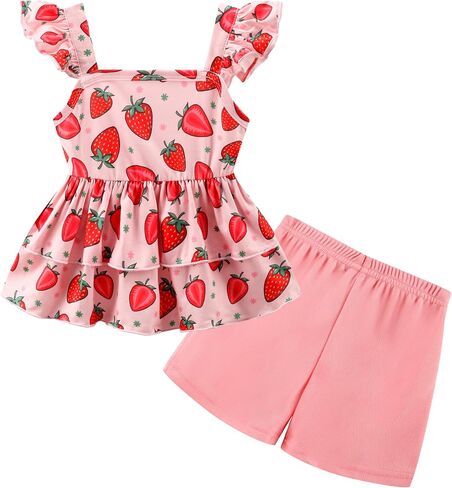 Akyzic Little Girls Summer Short Sets Kids Ruffle Sleeveless Tank Tops and Shorts Clothes Toddler Girls 2Pcs Outfits 2-7T in Saudi Arabia