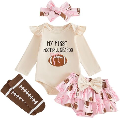 Seyurigaoka Newborn Baby Girl Football Outfit Ruffle Romper Tutu Skirt Set | For 0-18 Months, Letter Print, With Bow Headband and Football Socks, Cute Game Day Fall Winter Clothes in Kuwait