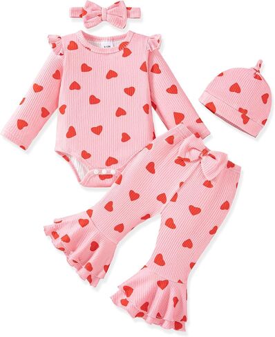 Vibebox Newborn Baby Girl Clothes Fall Coming Home Outfits Set Preemie-12M | Newborn Essentials, Winter Long Sleeve Ruffle Romper Bell Bottom Pants , Matching Clothing , Snap Closures,Headband and Hat in Kuwait