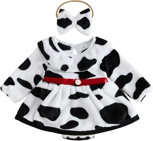 Baby Girl Halloween Romper Dress Dalmatian Spotty Headband Set | 0-18m White Black Spot Dalmatian Long Sleeve Romper Dress with Bow Headband for Halloween Parties, Fall Winter Daily Wear. in Kuwait