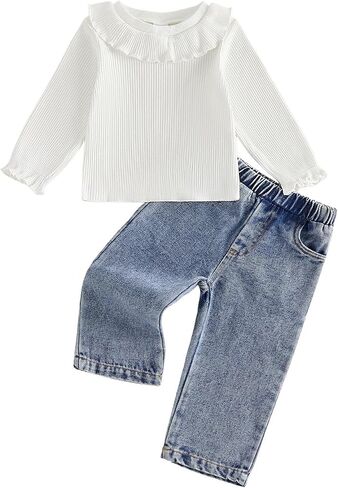 Adobabirl Baby Girl Fall Clothes Toddler Outfit Ruffle Ribbed Long Sleeve Shirt and Jeans Denim Pants Set 2 Piece Clothing in Kuwait