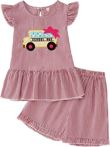 CM C&M WODRO Baby Girl Back to School Outfit Kids School Bus Sleeveless Ruffled Shirt Shorts First Day of School Clothes Set in Kuwait