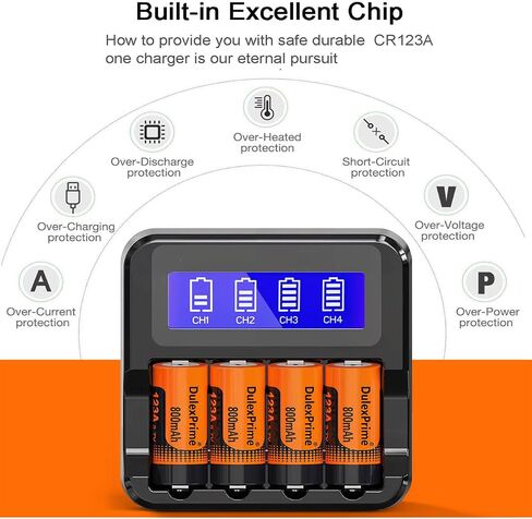 123A Rechargeable Batteries, 4-Pack 123A NiMH Batteries and Charger for Arlo VMS3130 VMC3030 3200 3330 3430 3530 Security Cameras, Alarm System, Flashlight in Kuwait