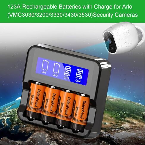 123A Rechargeable Batteries, 4-Pack 123A NiMH Batteries and Charger for Arlo VMS3130 VMC3030 3200 3330 3430 3530 Security Cameras, Alarm System, Flashlight in Kuwait