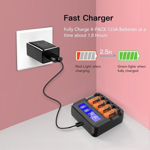 123A Rechargeable Batteries, 4-Pack 123A NiMH Batteries and Charger for Arlo VMS3130 VMC3030 3200 3330 3430 3530 Security Cameras, Alarm System, Flashlight in Kuwait