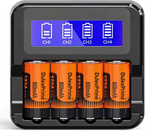 123A Rechargeable Batteries, 4-Pack 123A NiMH Batteries and Charger for Arlo VMS3130 VMC3030 3200 3330 3430 3530 Security Cameras, Alarm System, Flashlight in Kuwait