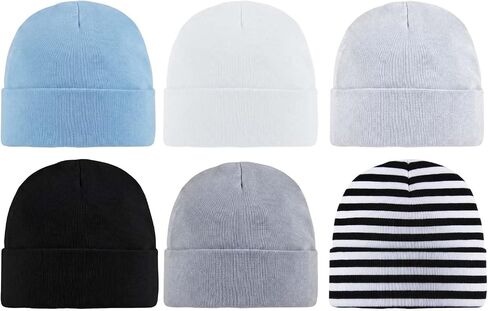6 Pack Newborn Hats for Baby Boys Infant Beanie Set 0-3 Months | Soft Cotton Infant Minimalist Striped Thin Tiny Beanies for Babies (White Light Grey Dark Grey Black Blue Striped) in Kuwait