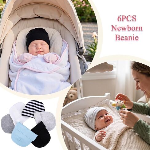 6 Pack Newborn Hats for Baby Boys Infant Beanie Set 0-3 Months | Soft Cotton Infant Minimalist Striped Thin Tiny Beanies for Babies (White Light Grey Dark Grey Black Blue Striped) in Kuwait