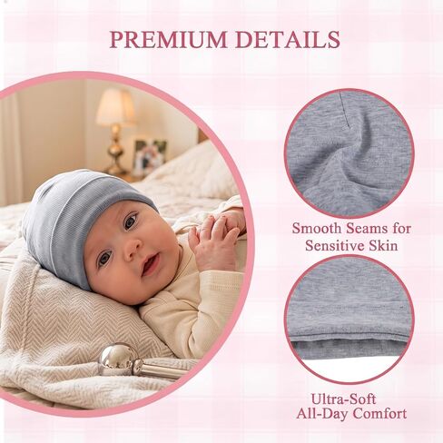 6 Pack Newborn Hats for Baby Boys Infant Beanie Set 0-3 Months | Soft Cotton Infant Minimalist Striped Thin Tiny Beanies for Babies (White Light Grey Dark Grey Black Blue Striped) in Kuwait