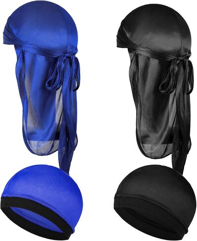 4Pcs Kids Silky Durag with Wave Caps Set, Silky Satin Durag Extra Long Tails, Long Tail and Wide Strap Headwraps in Kuwait