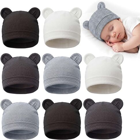 8 Pack Newborn Baby Hats with Bear Ears Infant Hats Preemie Hats Newborn Beanies Baby Hats 0-3 Months in Kuwait
