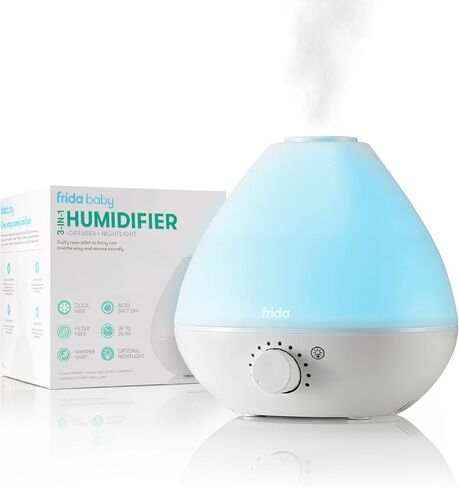 Frida Baby 3-in-1 Cool Mist Humidifier for Large Rooms, Top Fill Humidifier for Bedroom, Allergy Relief, 60 Hour Runtime + Nightlight, Auto Shut-Off, Quiet, Carry Handle, Essential Oil Diffuser in Kuwait