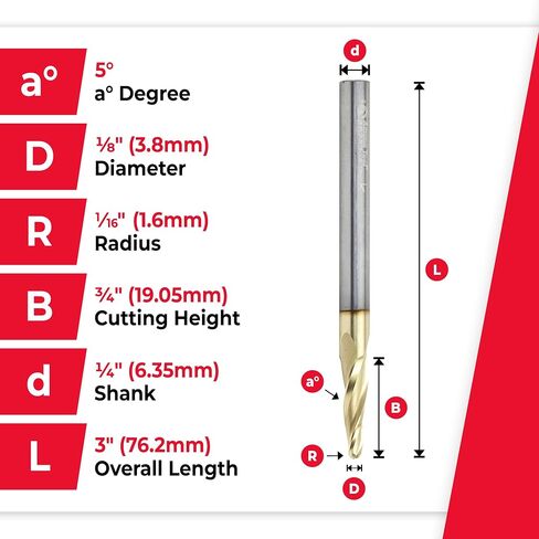 Amana Tool Up Cut Spiral CNC Router Bits for 2D/3D Carving, ZrN Coated, 46287, 5 Deg Tapered Angle Ball Tip 1/8 D x 1/16 R x 3/4 x 1/4 Shank x 3 Flute in Kuwait