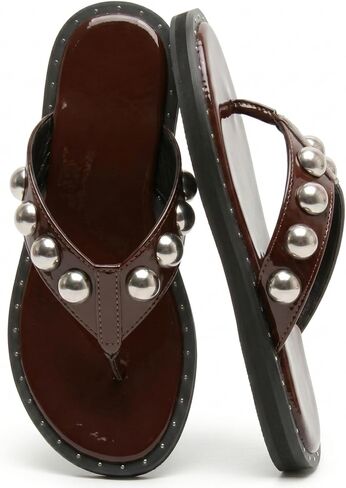 Riekhany Studded Thong Sandals for Women Round Clip Toe Slip On Flip Flops Slides Comfortable Contrast Tacked Slipper Shoes in Kuwait