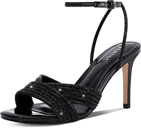 AIJIVOU صندل نسائي بكعب ستيليتو من حجر الراين مستدير مفتوح من الأمام للصيف بحزام الكاحل وكعب عالٍ مع حجر الراين المطرز بالكريستال اللامع صندل أنيق للعروس، والزفاف، والحفلات، والتسوق in Kuwait