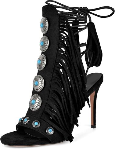 Gladiator Heels Tassels Open Toe Boots Fringe Lace up Strappy High Heels Sandals in Kuwait