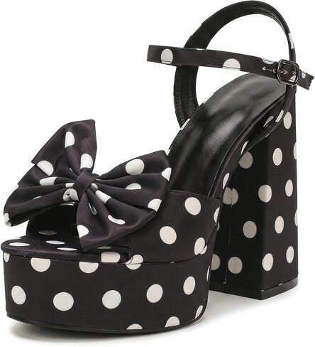 Women's Polka Dot Platform Block Heeled Sandals with Bow Round Peep Toe Adjustable Ankle Strap 4.72IN Chunky High Heels Backless Dress Sandals for Party Wedding Prom Club in Kuwait