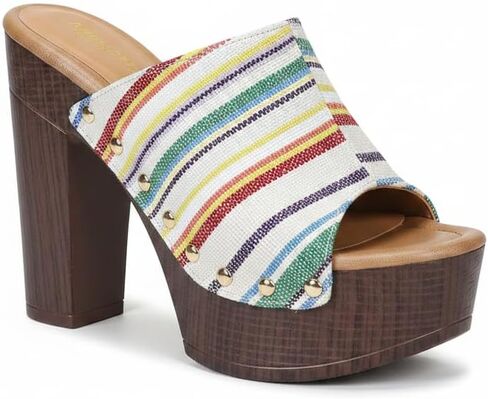 Women’S Cork Platform Chunky Heel Color Sandals With Fish Mouth Comfortable Sexy Peep Toe Faux Wood Block High Heel Summer Causal Mule Slides For Beach Vacation Party in Kuwait