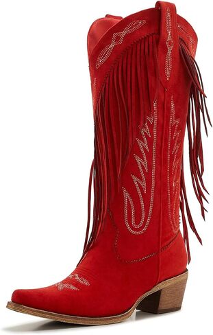 ZXHYZLZ Women's Fringe Western Cowboy Boots – Black Knee High Cowgirl Boots with Embroidery, Low Heel & Suede Look – Festival Rodeo Style in Saudi Arabia