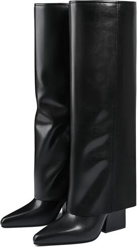 Vaslemuse Women Knee High Fold Over Pointed Toe Shark Tall Boots Dressy | Block low heels, Pointy toe, Fall long boots, Slouchy shark style, Inside zipper in Kuwait