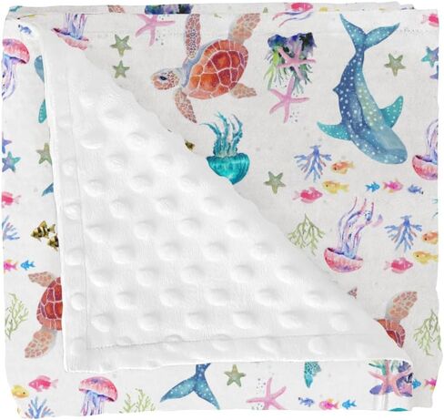 Fantasy Sea Animals Baby Blanket for Girl Boy Turtle Whale Jellyfish Corals Soft Mink Dotted Backing Double Layer Receiving Blanket Nautical Marine Life Bed Throws for Newborn Toddler Nursery 30x40 in Saudi Arabia