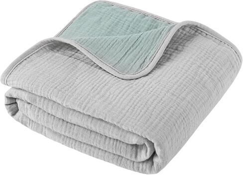 Muslin Baby Blanket, 40x40 Inch Double-Sided Unisex Crib Quilt, Green & Grey Reversible Print Blanket, 100% Muslin Cotton, Soft Breathable Multi-Purpose Toddler Blanket for Naptime, Bath, Stroller in Kuwait