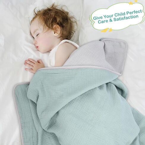 Muslin Baby Blanket, 40x40 Inch Double-Sided Unisex Crib Quilt, Green & Grey Reversible Print Blanket, 100% Muslin Cotton, Soft Breathable Multi-Purpose Toddler Blanket for Naptime, Bath, Stroller in Kuwait