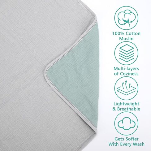 Muslin Baby Blanket, 40x40 Inch Double-Sided Unisex Crib Quilt, Green & Grey Reversible Print Blanket, 100% Muslin Cotton, Soft Breathable Multi-Purpose Toddler Blanket for Naptime, Bath, Stroller in Kuwait