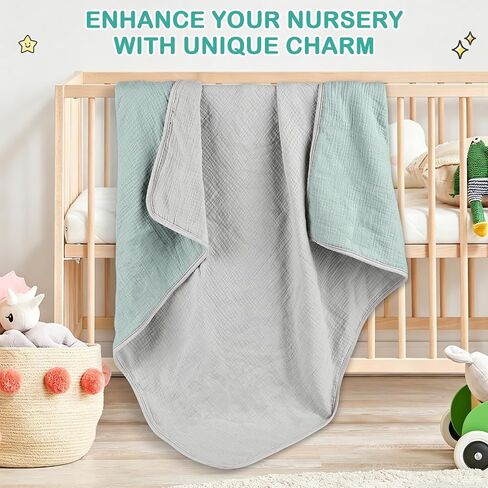 Muslin Baby Blanket, 40x40 Inch Double-Sided Unisex Crib Quilt, Green & Grey Reversible Print Blanket, 100% Muslin Cotton, Soft Breathable Multi-Purpose Toddler Blanket for Naptime, Bath, Stroller in Kuwait