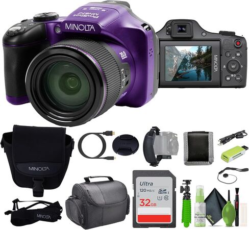 MINOLTA MN67Z 20 MP / 1080P FHD Bridge Digital Camera w/67x Optical Zoom (Purple) Bundle with 32GB Memory Card + Camara Bag + Cleaning Kit + Vlogging Tripod + Accessories in Kuwait