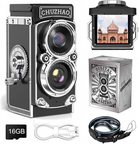 CHUZHAO Digital Camera Retro with Time Stamp - Portable Vintage TLR Style 1080p FHD Video 12MP Photos Autofocus Mini Vlogging Camera with 16GB Card for Beginners Teens Adults, Black in Kuwait