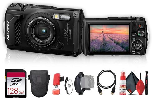 OM SYSTEM Tough TG-7 Digital Camera (Black) (V110030BU000) Bundle Including: 128 GB Memory Card, HDMI Cable, Card Reader, Hand Strap, Cap Keeper, Full Cleaning Kit in Kuwait