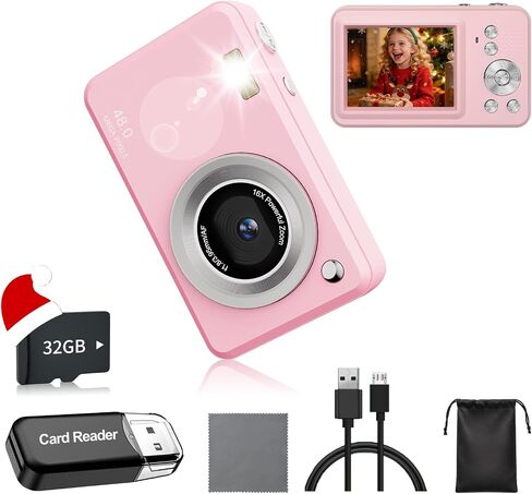 Digital Camera with 32GB Card,48MP Compact Portable Small Point Shoot Camera,FHD 1080P Point and Shoot Digital Cameras with 16X Zoom,for Boys Girls Teens Gifts in Kuwait