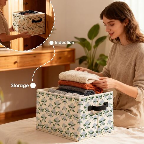 Coquette Bow Blue Hydrangea Floral Storage Bins Box, Toybox for Girls, Rustic Hydrangea Flower Foldable Baskets Organizer with Handles for Bedroom Bathroom Home Clothes Toys Books in Kuwait