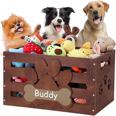 Cinnvoice Large Dog Toy Basket Wood Dog Toy Bin Storage Box with Handles and Label Position Design Large Organizer with Paw Pattern Print for Pets Toys Food Blankets Clothes 18"x12"x10" (Dark Brown) in Kuwait