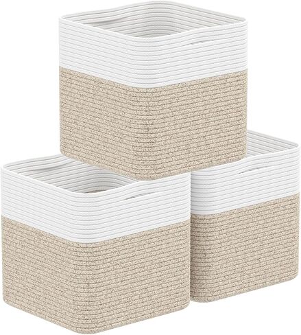 Storage Cotton Cubes 11 Inch, Woven Cotton Rope Storage Baskets for Toys Blanket Organizing, Storage Bins Decorative Organizer with Handles for Living Room Laundry Room Closet (3 Pack, Black Brown) in Kuwait