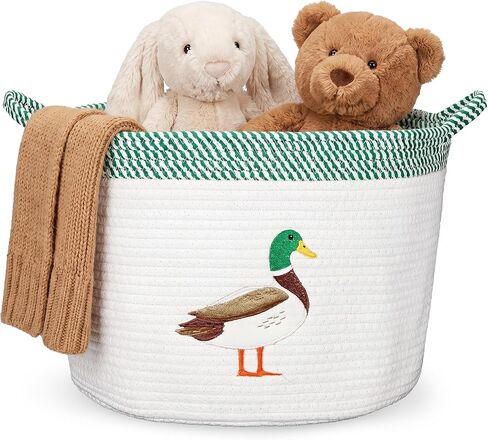 SiliFine 15''x11'' Mallard Duck Baby Stuff Storage Basket Large Cotton Rope Bin with Animal Patch Organizer Laundry Hamper for Nursery Baby Shower Infant Newborn Essentials, Diaper Caddy with Handle in Kuwait