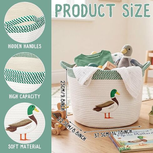 SiliFine 15''x11'' Mallard Duck Baby Stuff Storage Basket Large Cotton Rope Bin with Animal Patch Organizer Laundry Hamper for Nursery Baby Shower Infant Newborn Essentials, Diaper Caddy with Handle in Kuwait