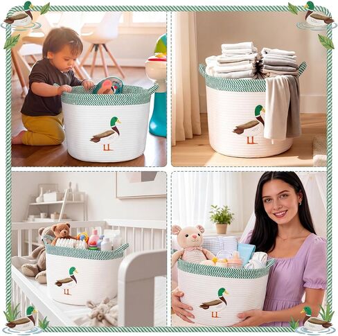 SiliFine 15''x11'' Mallard Duck Baby Stuff Storage Basket Large Cotton Rope Bin with Animal Patch Organizer Laundry Hamper for Nursery Baby Shower Infant Newborn Essentials, Diaper Caddy with Handle in Kuwait