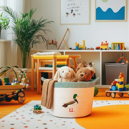 SiliFine 15''x11'' Mallard Duck Baby Stuff Storage Basket Large Cotton Rope Bin with Animal Patch Organizer Laundry Hamper for Nursery Baby Shower Infant Newborn Essentials, Diaper Caddy with Handle in Kuwait