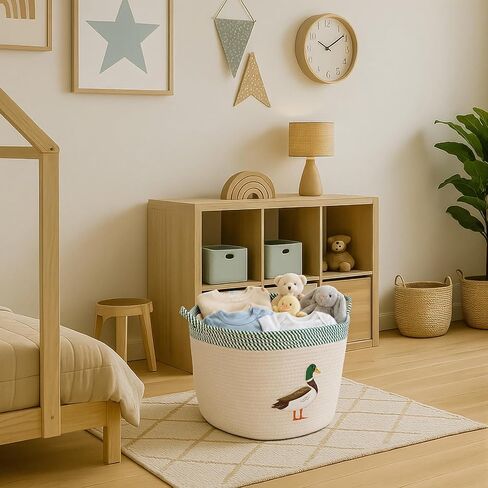 SiliFine 15''x11'' Mallard Duck Baby Stuff Storage Basket Large Cotton Rope Bin with Animal Patch Organizer Laundry Hamper for Nursery Baby Shower Infant Newborn Essentials, Diaper Caddy with Handle in Kuwait
