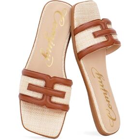 Raffia Sandals Flats For Women 2026 Comfortable Walking Slip On Sandals Luxury Open Square Toe For Summer in Kuwait