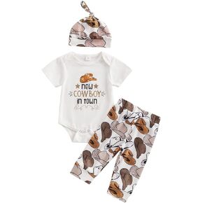 Western Newborn Baby Boy Cowboy Outfit Boots/Hat/Cow Print Romper Bodysuit+Long Pants +Cap 3Pcs Summer Clothes Set in Saudi Arabia