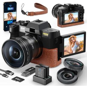 8K&64MP Digital Cameras for Photography, 16X Zoom, WiFi, 180° Flip Screen, Autofocus, Anti-Shake, Wide-Angle & Macro Lens, Built-in Fill Light, PU Leather Case, 64GB Card & 2 Batteries (Black) in Kuwait