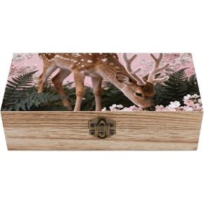 Deer Cherry Blossoms Wooden Storage Box with Hinged Lid for Photo | Wood Keepsake Box, Dustproof Storage Box, Decorative Treasure Chest, Memory Box for Crafts Coins Stamps Letters Jewelry in Kuwait