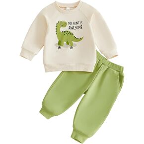 WZTYYDS Baby Boy Fall Dino Outfit 2 Piece Sweatshirt Pant Set | Dinosaur Print, Long Sleeve Color Block Top, 3M-3T, Aunties Little Dude, Daily Wear, Spring, Winter, Toddler Boy Fall Clothes in Saudi Arabia