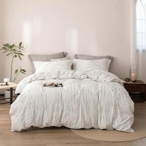 3Pcs Reversible Navy Blue White Striped King Duvet Cover Set | Solid Navy Blue Reverse,Linen Feel,Washed Cotton,1 Duvet Cover & 2 Pillow Shams,Hidden Zipper,Soft Breathable,8 Corner Ties in Kuwait
