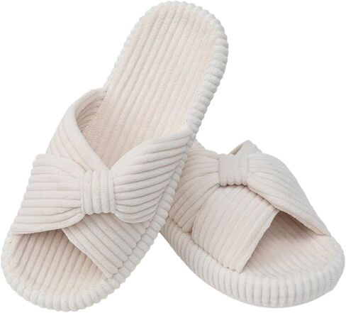 Woman's Memory Foam Bow Crossbands Slippers Open Toe Soft Corduroy Rubber Sole House Shoes in Kuwait