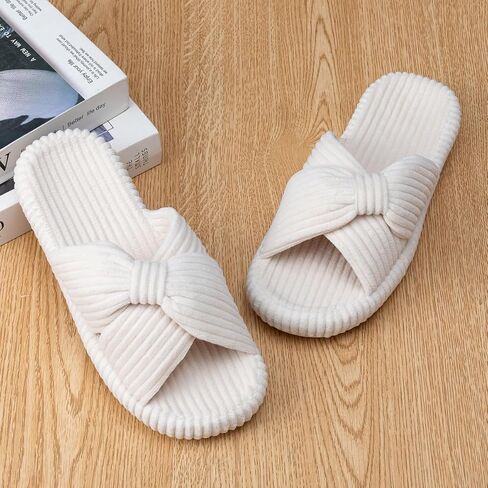 Woman's Memory Foam Bow Crossbands Slippers Open Toe Soft Corduroy Rubber Sole House Shoes in Kuwait