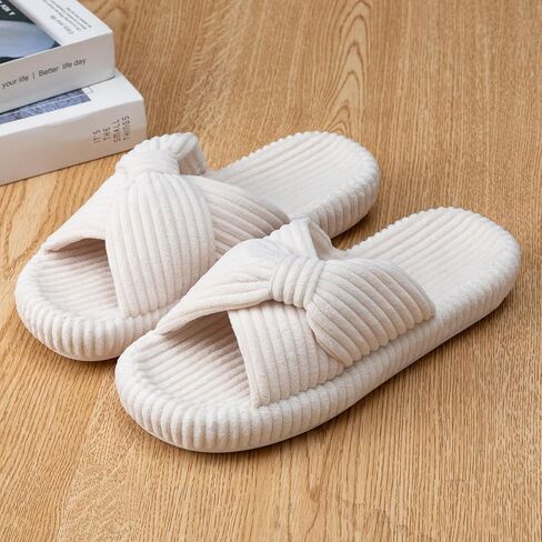Woman's Memory Foam Bow Crossbands Slippers Open Toe Soft Corduroy Rubber Sole House Shoes in Kuwait